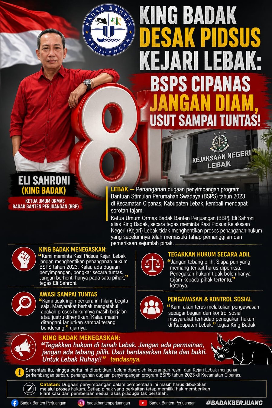 King Badak Desak Pidsus Kejari Lebak : BSPS Cipanas Jangan Diam, Usut Sampai Tuntas