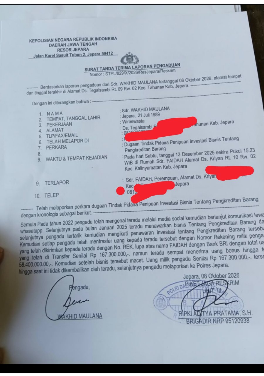 DA Diduga melakukan Penipuan Investasi Bisnis Pengkreditan Barang